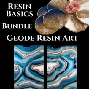 Thumbnail image for the Resin Basics and Geode Resin Art Bundle featuring exquisite geode coasters with gold accents and a vibrant blue geode resin art diptych by Brushed Restorations.