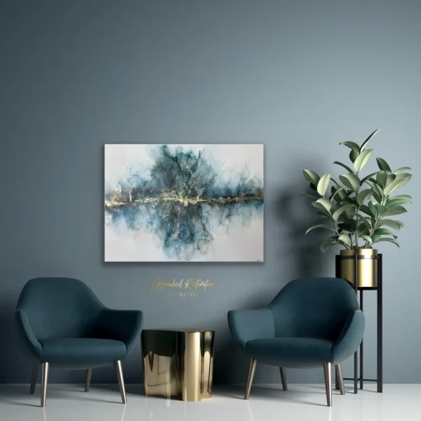 A painting of trees in the middle of a room.