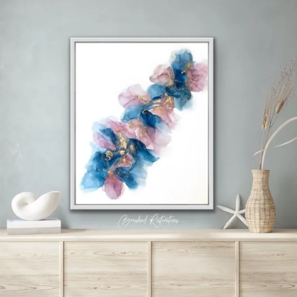 A painting of pink and blue flowers on the wall.