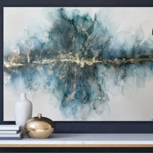 A painting of a blue and gold abstract design.