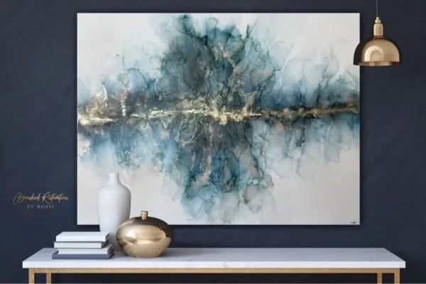 A painting of a blue and gold abstract design.