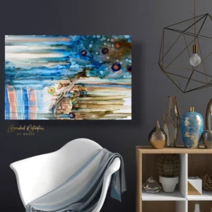 A painting of blue and brown abstract art