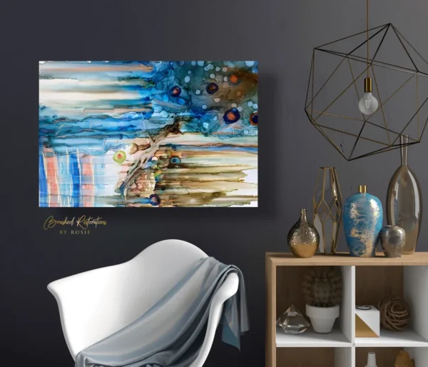 A painting of blue and brown abstract art