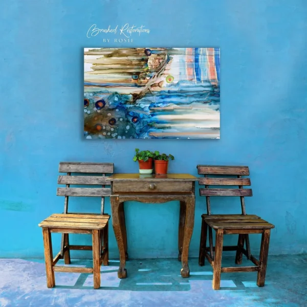 A painting of two chairs and a table in front of a wall.