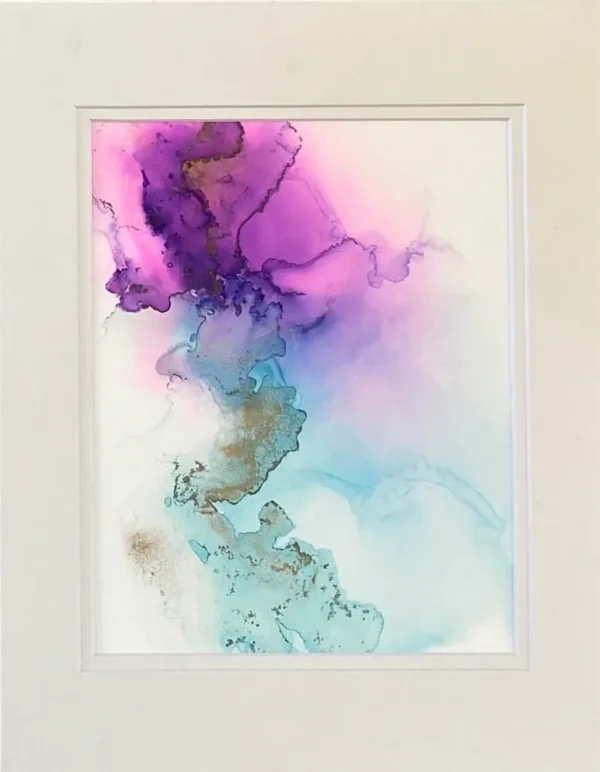 A purple and blue painting with white frame