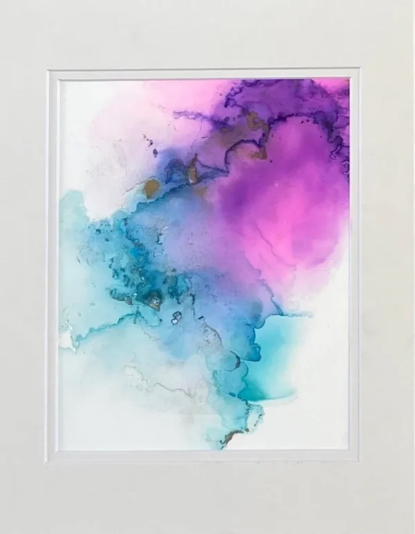 A purple and blue painting is in the middle of a white frame.