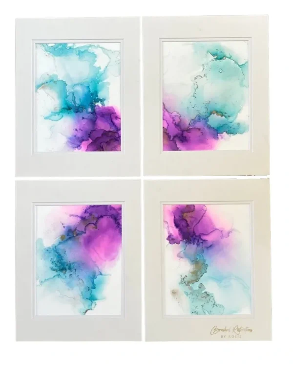 Four frames of purple and blue ink on paper.