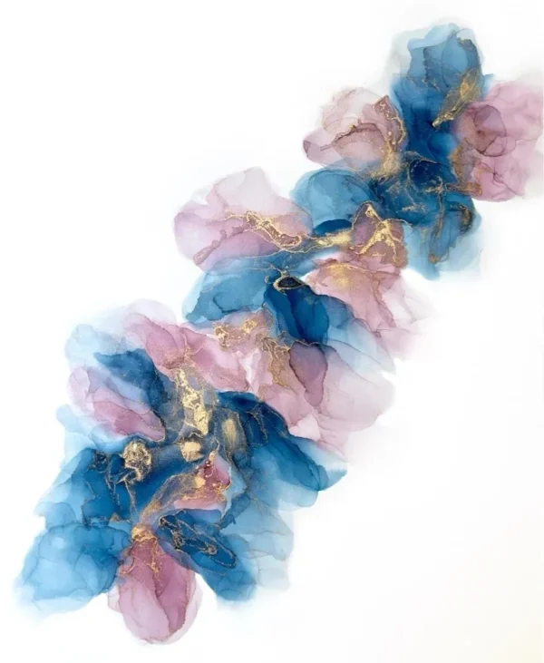 A blue and pink flower with gold leaf on it.