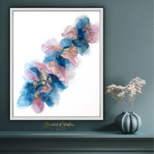 A painting of flowers in blue and pink colors