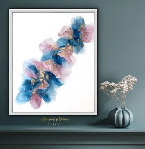 A painting of flowers in blue and pink colors