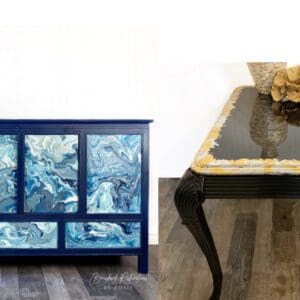 A blue cabinet with some marble on the front and sides.