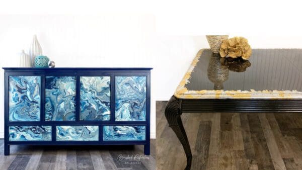 A blue cabinet with some marble on the front and sides.