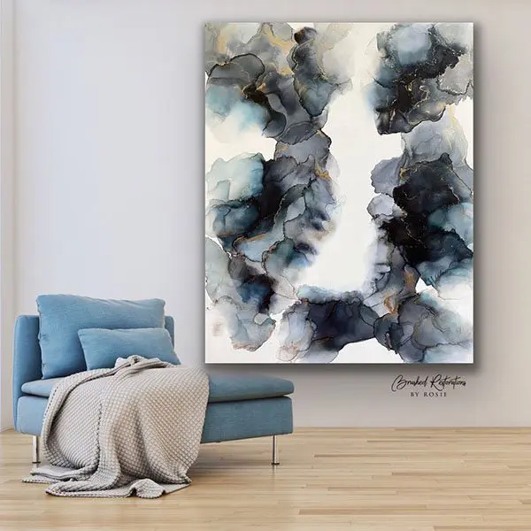 A painting of a waterfall in the middle of a room.