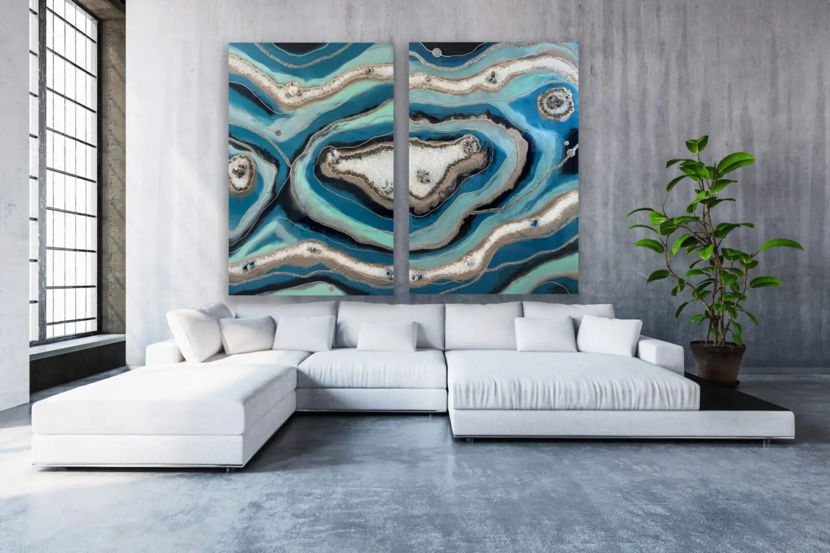 A large painting of blue and white marble