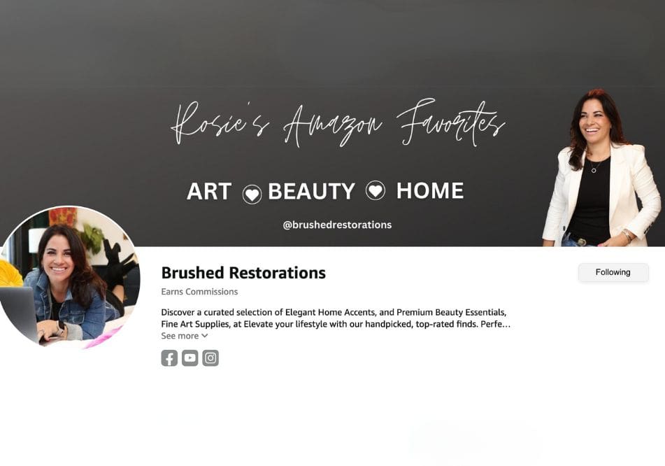 Rosie, the founder of Brushed Restorations, smiles warmly in her profile picture for her 'Rosie's Amazon Favorites' page, which showcases a selection of art, beauty, and home products.