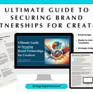 Promotional display for the 'Ultimate Guide to Securing Brand Partnerships for Creatives' featuring a 22-page digital download. The visual includes a computer monitor displaying the guide's vibrant cover, flanked by samples of media kit templates and email scripts, emphasizing resources provided to foster successful brand collaborations for artists.