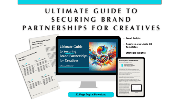 Promotional display for the 'Ultimate Guide to Securing Brand Partnerships for Creatives' featuring a 22-page digital download. The visual includes a computer monitor displaying the guide's vibrant cover, flanked by samples of media kit templates and email scripts, emphasizing resources provided to foster successful brand collaborations for artists.