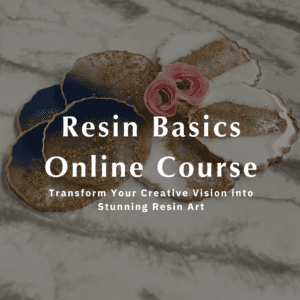 Promotional graphic for Resin Basics Online Course featuring elegantly crafted resin coasters with gold edging and pink roses on a marble surface.