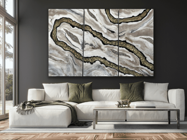 Mosaic Current - 3D Luxury Resin Art Triptych in a stylish living room with a forest view, perfect for enhancing the aesthetic of modern spaces.