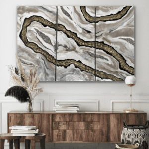 Contemporary high-end home decor with Mosaic Current resin art triptych above a wooden sideboard in a sophisticated interior.