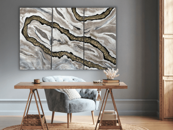 Elegant Mosaic Current geode resin art triptych positioned above a modern desk in a home office, integrating luxury and style with functional workspace decor.