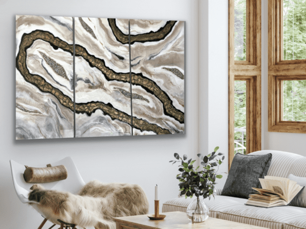 Mosaic Current luxury geode resin art triptych in a cozy reading nook, overlooking forest scenery, perfect for modern home decor.