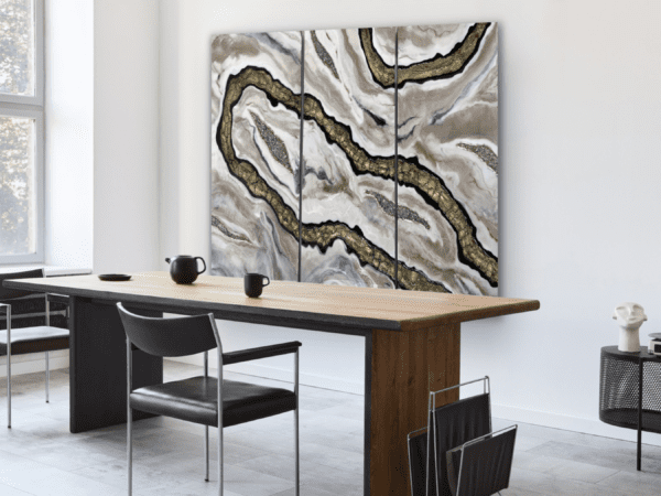 Mosaic Current - Luxury Resin Art Triptych displayed in a minimalist dining room, enhancing modern interior design with its unique geode-inspired panels.