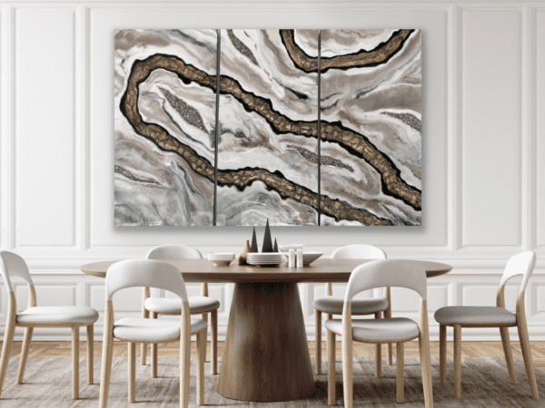 Mosaic Current luxury resin art triptych in a bright dining room with modern wooden furniture and minimalist decor, enhancing the space with its unique geode design.