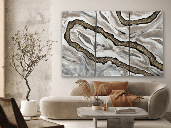 Contemporary Mosaic Current luxury resin art triptych in a chic living room setting, complementing a curved sofa and modern decor, perfect for upscale home interiors.