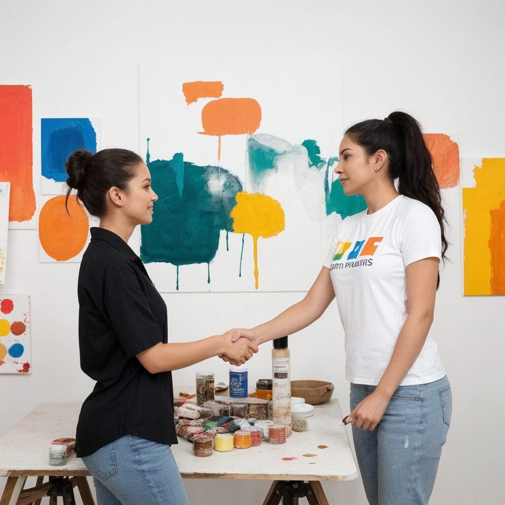 Two artists shaking hands in a studio with colorful abstract paintings in the background.