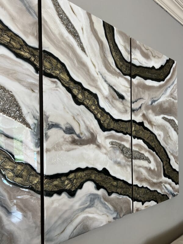 3d Geode Resin Art Triptych side view hanging on the wall.