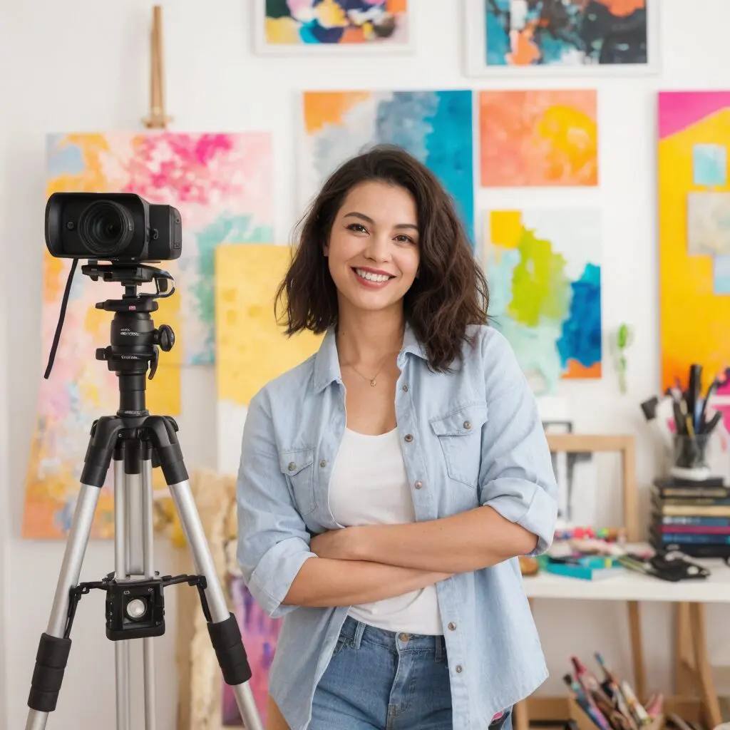 Engaging female artist prepares for a live art tutorial in her eclectic studio, surrounded by colorful paintings and art tools. Captured on camera for social media, her vibrant setup invites creative enthusiasts and aspiring artists to connect and learn.