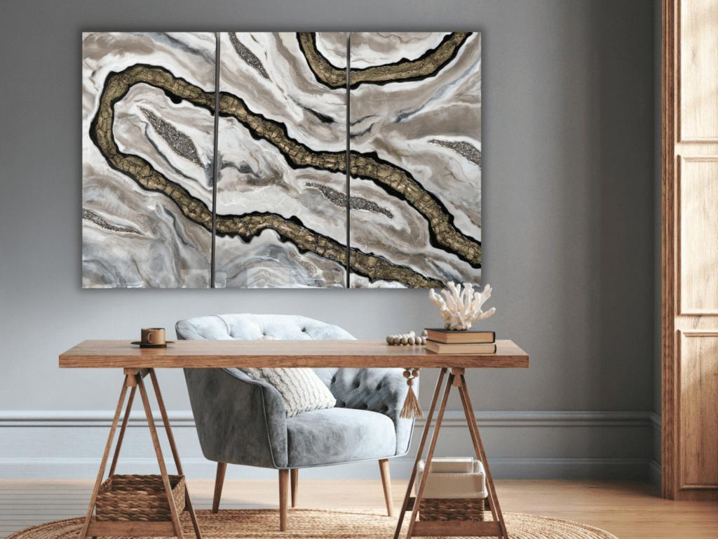 Geode-inspired triptych mixed media artwork on display in a modern living space.