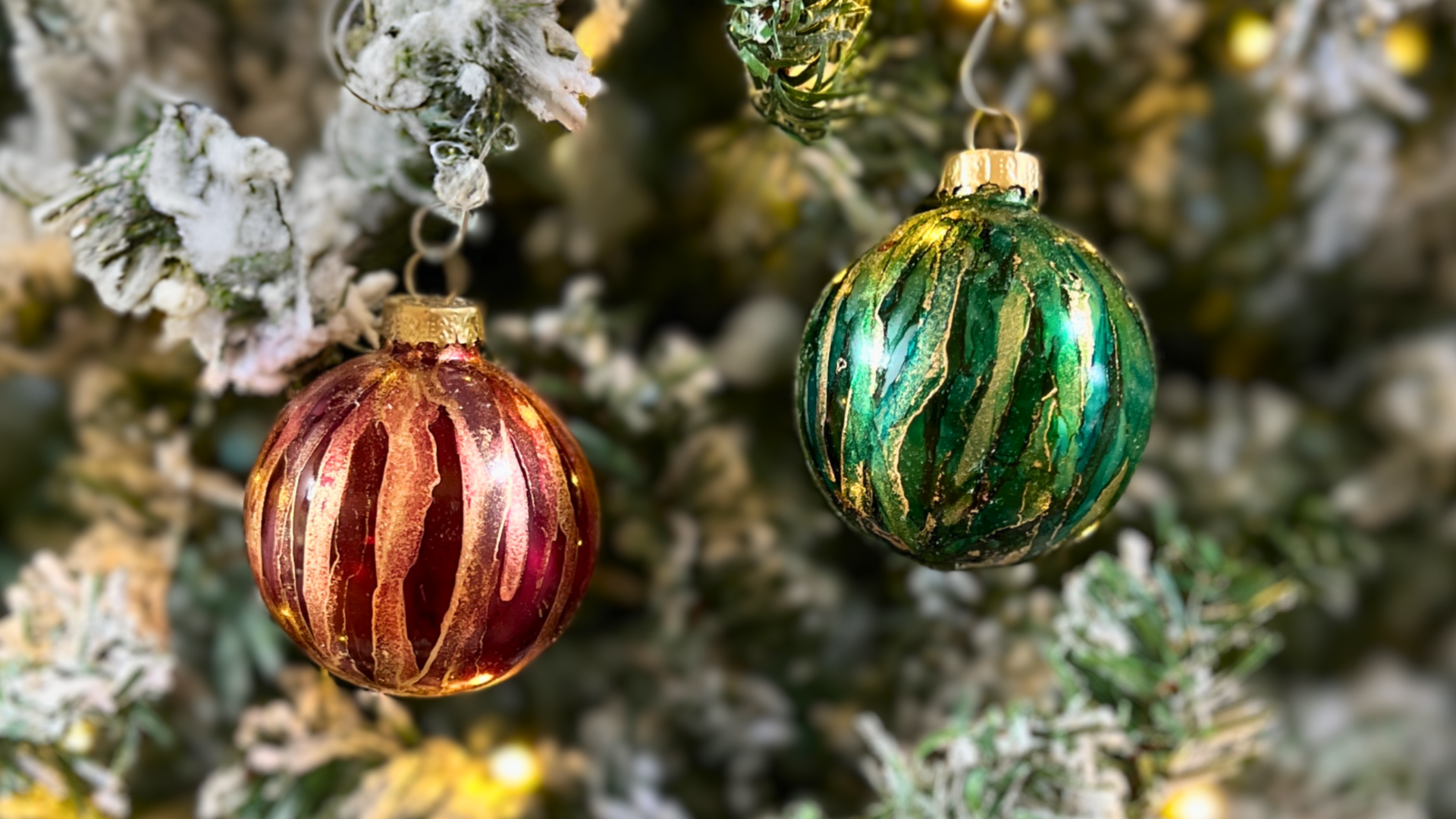 Vibrant alcohol ink Christmas ornaments with swirling colors and unique patterns