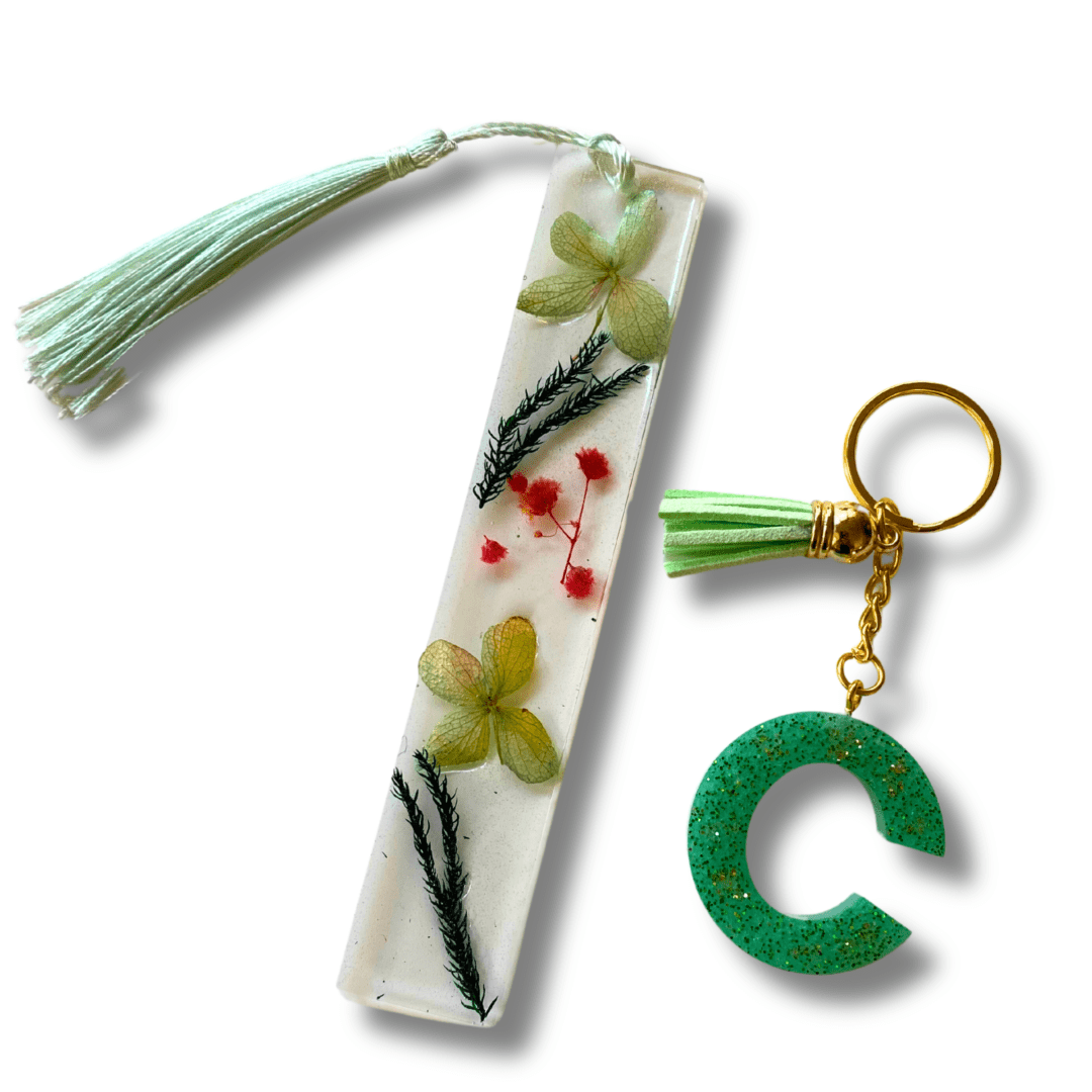 Handmade resin bookmark and keychain set perfect for holiday stocking stuffers