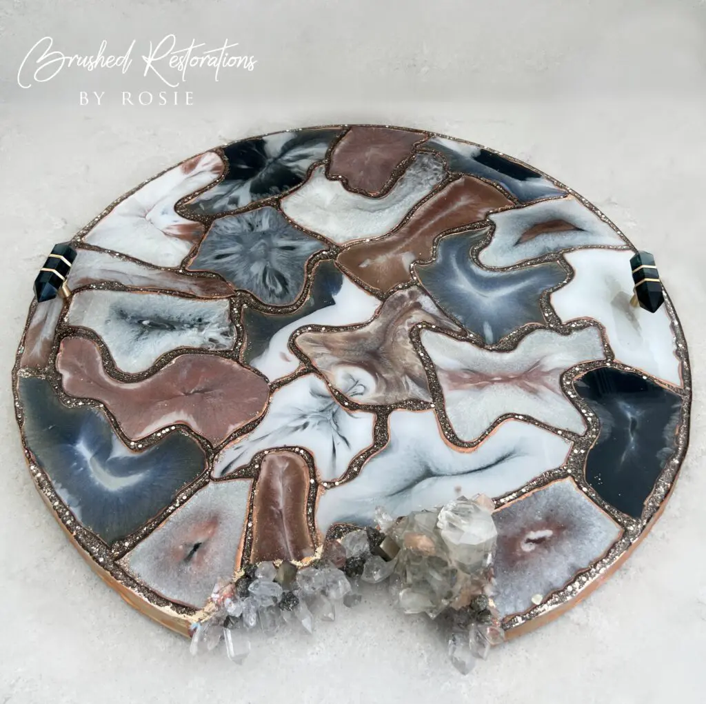 Geode-inspired resin art board with copper, white, and gray colors, crystal accents, and custom silicone mold design