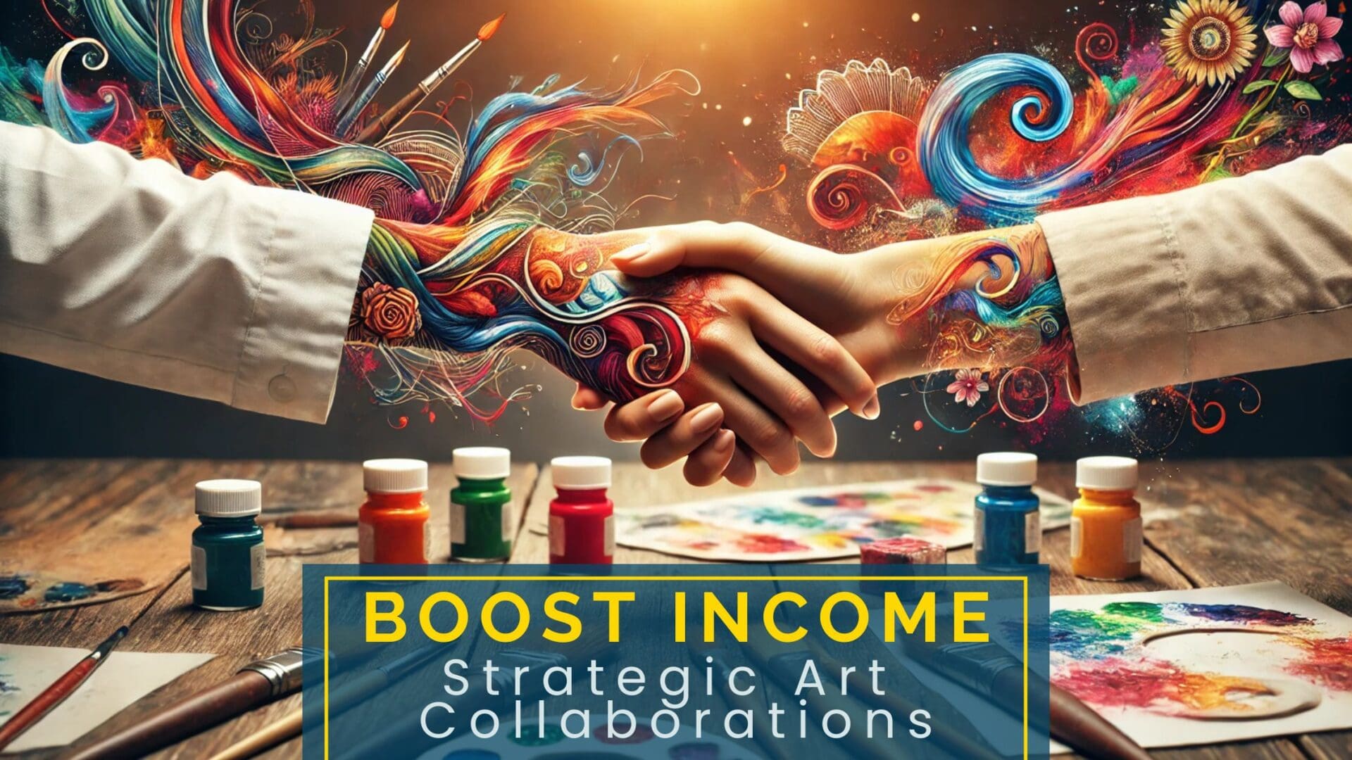 Boost your income with strategic art collaborations as depicted in this vibrant promotional banner. It features a creative handshake, where two hands clasped together transform into a burst of colorful, whimsical art forms, including swirls, flowers, and abstract shapes. This image symbolizes the power of partnerships in the art industry, set against a backdrop of art supplies like paints, brushes, and canvases. The bold caption 'BOOST INCOME - Strategic Art Collaborations' invites artists to explore profitable opportunities through creative alliances.