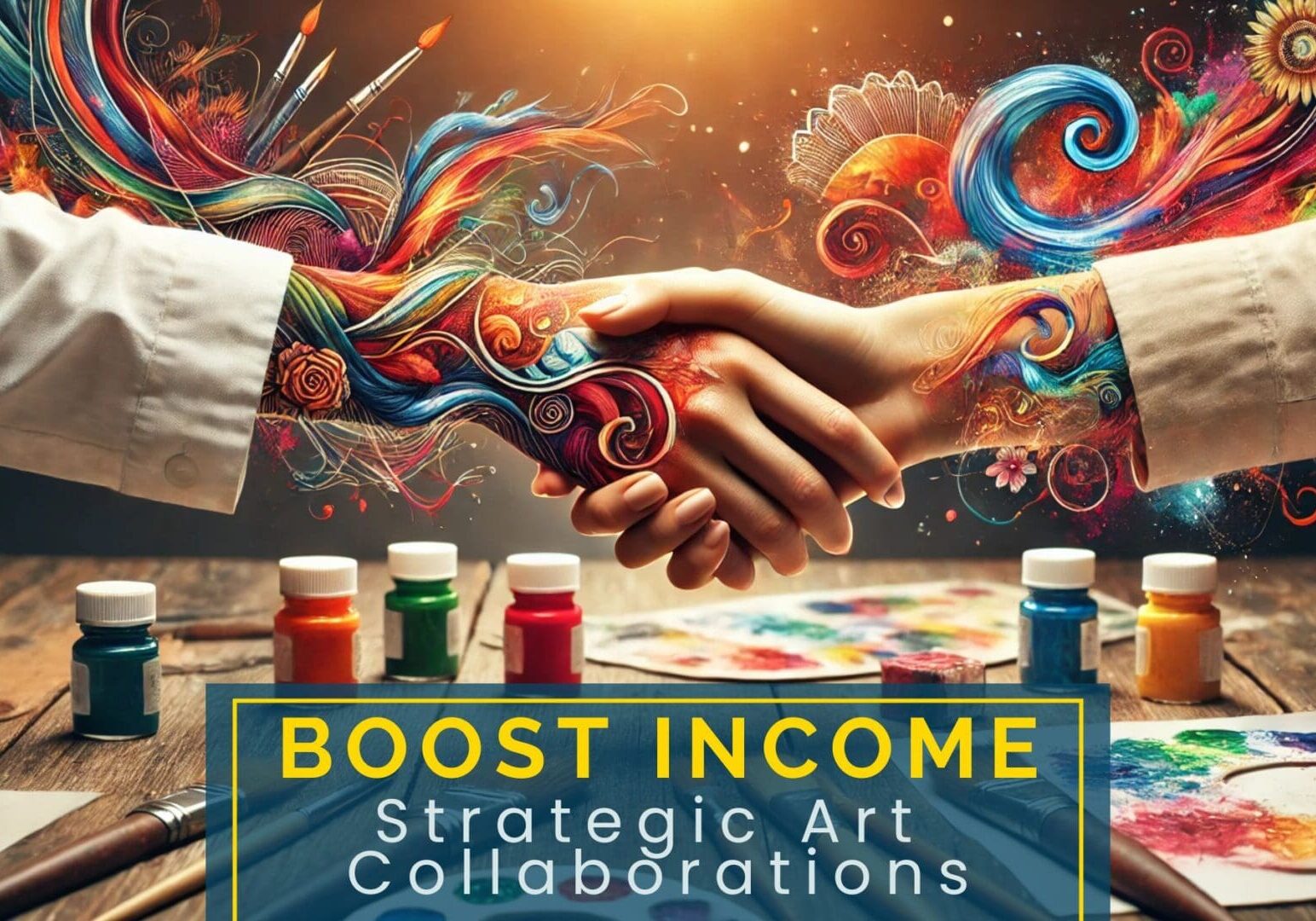 Boost your income with strategic art collaborations as depicted in this vibrant promotional banner. It features a creative handshake, where two hands clasped together transform into a burst of colorful, whimsical art forms, including swirls, flowers, and abstract shapes. This image symbolizes the power of partnerships in the art industry, set against a backdrop of art supplies like paints, brushes, and canvases. The bold caption 'BOOST INCOME - Strategic Art Collaborations' invites artists to explore profitable opportunities through creative alliances.