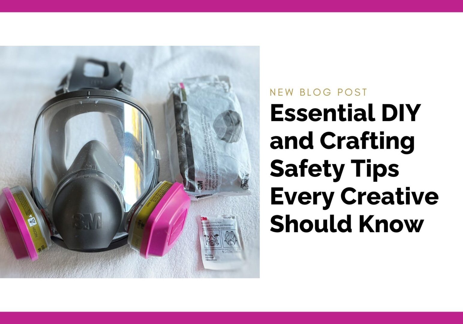 A 3M full-face respirator mask with pink and yellow filters, along with additional replacement filters, displayed on a white background. This blog post shares essential DIY and crafting safety tips for resin artists and creatives, ensuring safe handling of materials and proper ventilation.